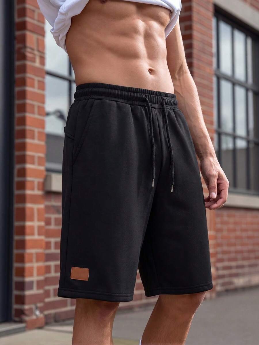 Manfinity Homme 男款丹寧設計抽繩腰鬆身休閒百搭短褲 - 黑色 - 查看 1