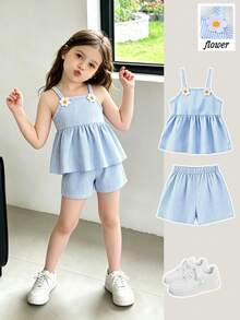 SHEIN Elladie kids 女童（小号）春夏新款休闲简约蓝白条纹背心套装。正面饰有可爱的3D白色花朵。蓝白竖条纹无袖背心搭配蓝白条纹休闲短裤，两件套。面料柔软舒适，适合春夏穿着。韩版可爱、休闲、舒适，简约优雅，适合日常穿着、上学、外出、度假、聚会、节日等场合。 - 藍色 - 查看 10