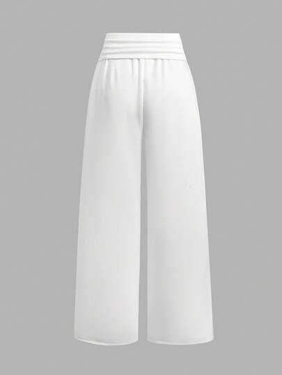 SHEIN Tween Girls Knitted White Kids Waistband Ruched Loose Wide Leg Casual Sweatpants