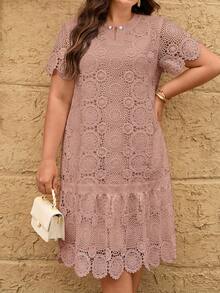 Reflora Plus Size Women's Lace Short Sleeve Ruffle Hem Elegant Dress - Dusty Pink - View 5