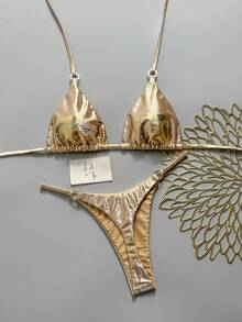 Swim Vcay 女款度假海灘金屬質感掛脖綁帶比基尼兩件式泳衣套裝 - 金色 - 查看 1