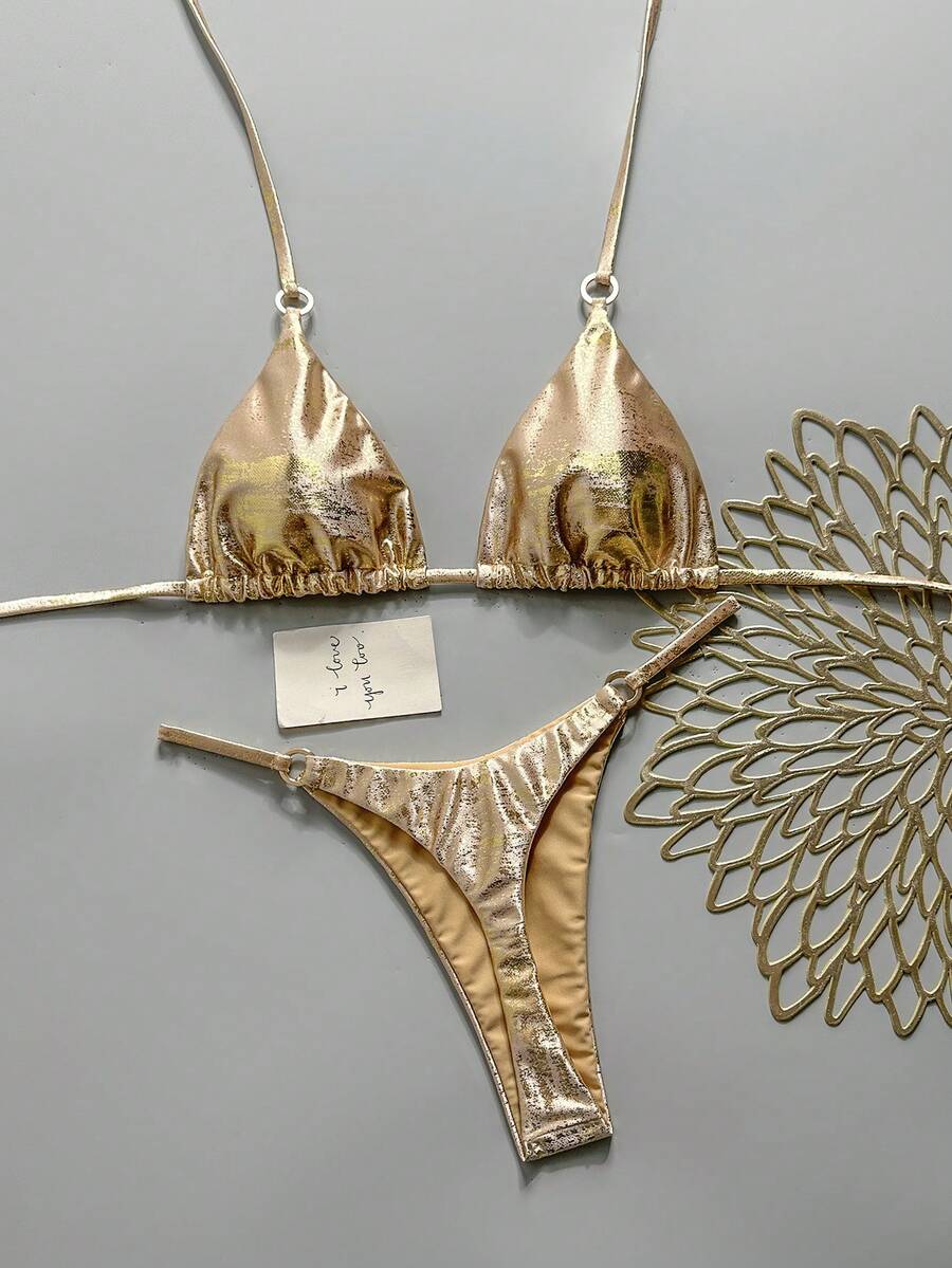 Swim Vcay 女款度假海灘金屬質感掛脖綁帶比基尼兩件式泳衣套裝 - 金色 - 查看 1