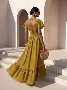 Zivah Summer Boho Vacation Mustard Yellow V-Neck Lace-Trimmed Multi-Layered Ruffled Halter Women Long Dress Suitable For Everyday Music Festivals Picnic - Mustard Yellow - View 3