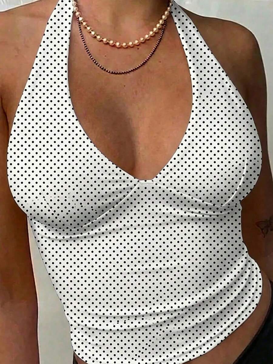 SHEIN 女款圓點印花露背掛脖上衣 - 彩色 - 查看 1