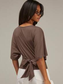 Athîral Women's Solid Color Pleated Casual Versatile Daily Travel T-Shirt - Coffee Brown - View 6