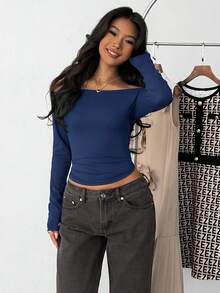 Black Off-Shoulder Fitted Casual Long Sleeve Basic Base Layer T-Shirt - Navy Blue - View 3