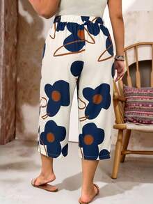 Weeklong Plus Size Abstract Floral Print Bohemian Style 3/4 Length Pants With Side Pockets, Elastic Waist, Drawstring And Side Slit Casual Wide Leg - Apricot - View 2