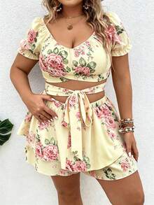 Vionelle Plus Size Women's Boho Casual Formal 2-Piece Set With Large Scoop Neck Tie-Up Cross Floral Print Crop Top Ruffle Mini Skirt Beach Pastel Pink Summer - Yellow - View 7
