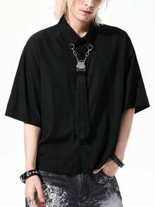 ROMWE MEN Street Life Men's Solid Color Casual Versatile Daily Travel Shirt - Black - View 7