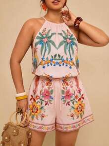 Travachic Plus Size Women's Tropical Palm Tree Print Romper - Multicolor - View 1