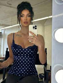Firerie Women's Elegant 1940s Vintage Old Money Romantic Exquisite Charming Holiday Valentine's Day Sexy Lace Navy Blue Polka Dot Top Vacation Summer - Navy Blue - View 2