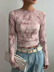 DAZY Summer Autumn Pink Gradient Lace T-Shirt, Wedding Night Out Banquet Slim Fit Elegant Y2k Sheer Mesh Long Sleeve Women's Blouse Graphic Tee - Pink - View 4