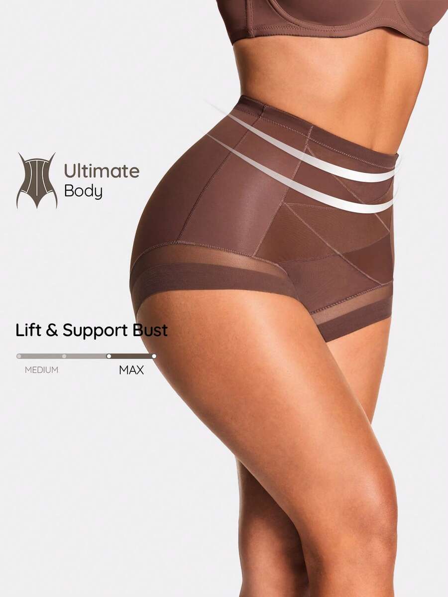 SHAPORA Women's High Waist Brown Mesh Patchwork Shapewear Bottom - Coffee Brown - View 1