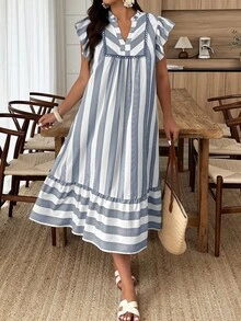 Weeklong Women's Plus Size Spring/Summer Casual Vacation Loose Striped Ruffle Sleeve Ruffle Hem Dress, Suitable For Daily And Vacation Wear - Multicolor - View 4