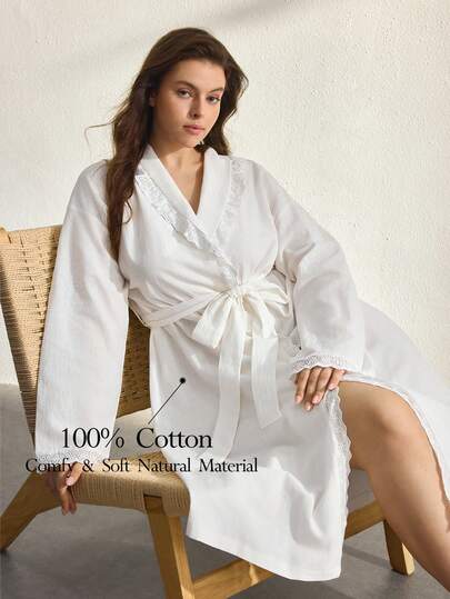 Ocili Plus Size Women Cotton Lace Tie Comfortable Minimalist Long Robe