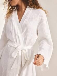 Ocili Comfortable Cotton Soft Mesh Double-Layer Robe Sleepwear For Women, Frill Trim Long Robe - White - View 7