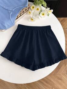 Resyla Women's Solid Color Drawstring Waist Ruffle Hem Shorts - Navy Blue - View 2