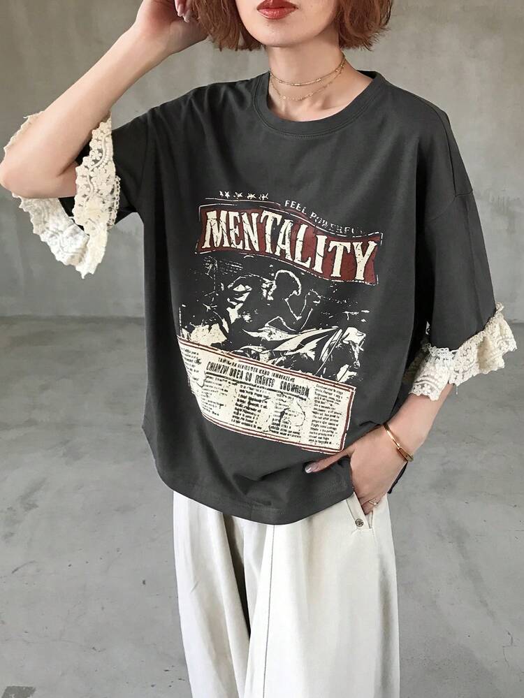 FRIFUL Women's Casual Loose Fit Letter Print Lace Patchwork Short Sleeve T-Shirt, Breathable Cotton Blend, Versatile For Spring/Summer Graphic Tee - Grey - View 4
