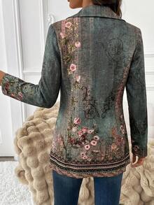 SHEIN Clasi 女款夏季花卉印花缺口領長袖西裝外套，適合通勤、街頭穿搭與派對 - 彩色 - 查看 2