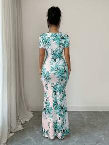 Rafferiza Women's Summer Short Sleeve Dress Digital Print Vacation Dress Beach Holiday Dress Hem Slit Waist Gathered Long Dress - Mint Green - View 2