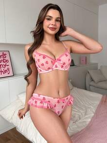 PetitDoll 2件組女款甜美愛心印花鋼圈內衣套裝 - 粉色 - 查看 5