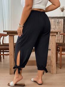 SHEIN CURVE+ Plus Size Women's Cool Fabric Black 7-Inch Pants Formal Vacation Summer Casual - Black - View 4