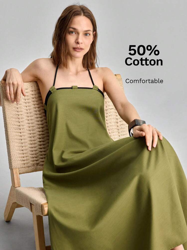 Women's Olive Green Summer Casual Vacation Dress,Halter Backless Solid Oblique Pocket Modern Urban Fashion Old-Money Style Elegant Commuter Vacation