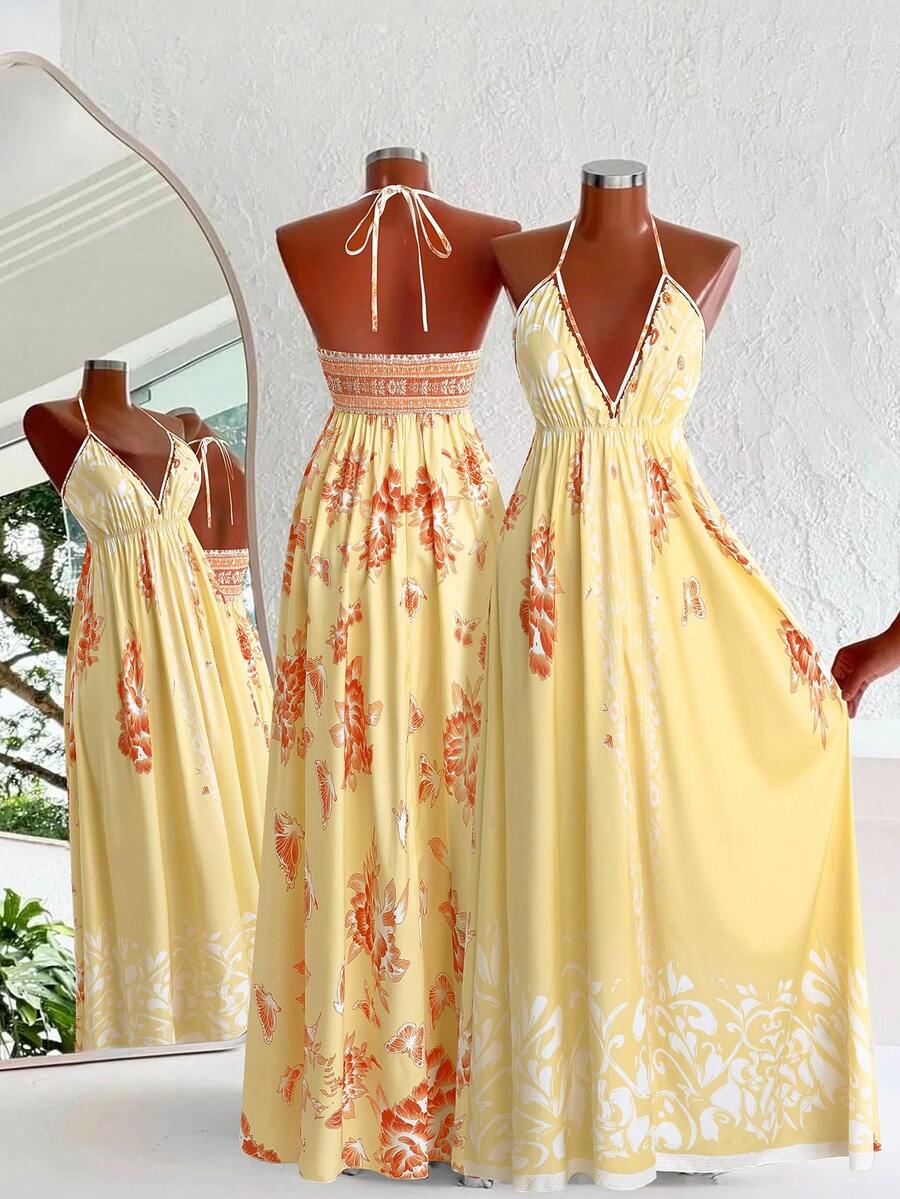 Sweetra Bohemian Style Printed Beach Slip Dress - Light Yellow - View 1