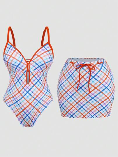 Sweetra Đồ bơi một mảnh nữ mini phong cách vintage kẻ caro xanh đi biển nghỉ dưỡng hè 2026, đồ bơi một mảnh size lớn
