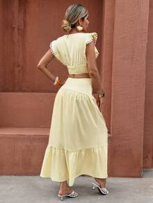 Flora Isola Flora Isola Damen elegantes modisches Pendler-Casual bequemes charmantes Vintage minimalistisches High-End romantisches Urlaubs-Lässig-Set für sanfte Damen im Sommer, entspanntes ärmelloses Top mit Rüschenschulter-Design, V-Ausschnitt, tailliert, Patchwork, Cut Out Spitze, A-Linie, geraffter Rock mit Spitzendekor, einfarbig, 2-teiliges Set - Hellgelb - Übersicht 2