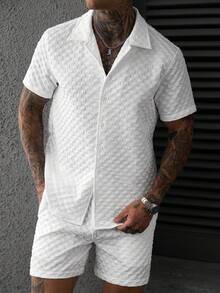 SLATEMANN Men's Solid Color Textured Shirt And Shorts Set, Ceremony - White - View 6