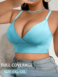 SHEIN Plus Size Women's Solid Color Casual Everyday Adjustable Strap Bra - Green - View 5