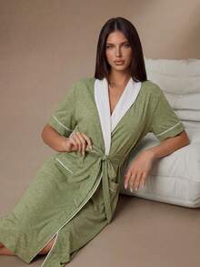 Lazeform Women's Casual Colorblock Lapel Short Sleeve Loungewear Robe With Belt - Green - View 5