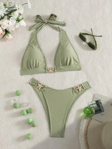 Swim Vcay 新款女款素色比基尼泳衣套裝 綁帶掛脖式 後背繫帶露背 海星裝飾 高腰三角比基尼兩件式海灘度假泳裝 - 橄欖綠 - 查看 3