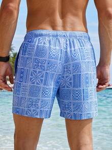 CoralVoy Men's Vacation Geometric Print Drawstring Waist Casual Beach Shorts - Blue - View 2