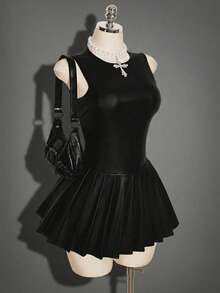 SHEIN ICON 女士纯色圆领无袖褶裥下摆迷你连衣裙 - 黑色 - 查看 9