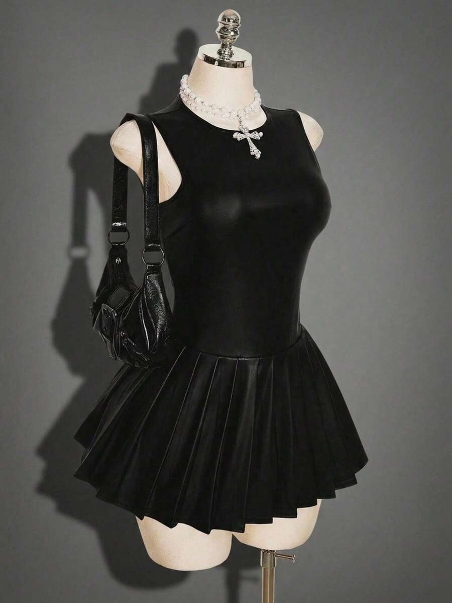 SHEIN ICON Women's Solid Color Round Neck Sleeveless Pleated Hem Mini Dress - Black - View 1