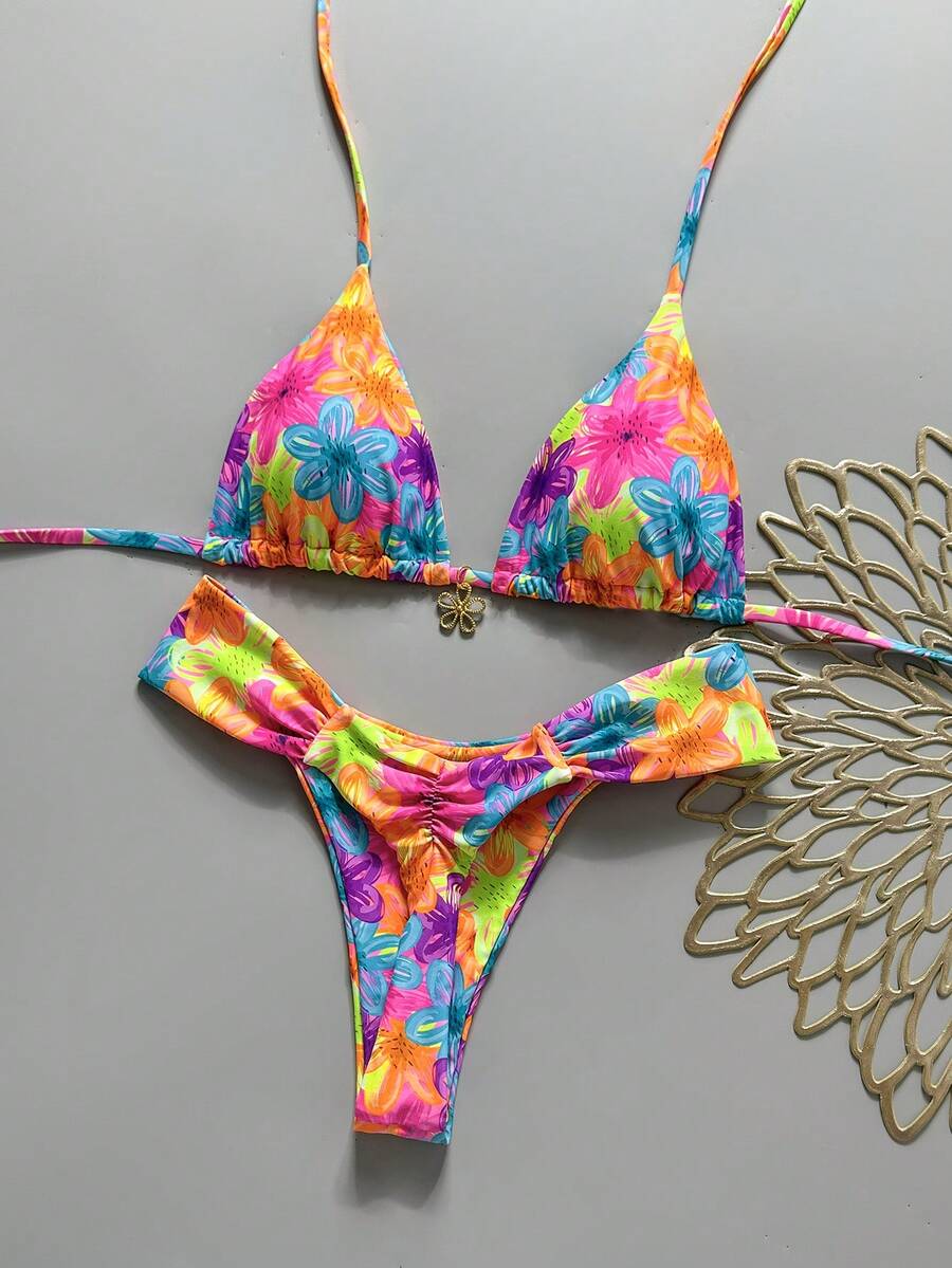 Swim MOD 2件組 春夏度假隨機印花櫻桃配件掛脖三角比基尼上衣與比基尼褲性感女款泳衣套裝 - 彩色 - 查看 1