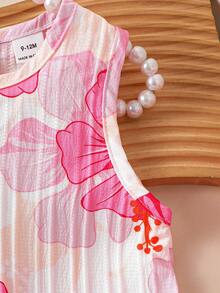 SHEIN Playful Pals 女嬰荷葉邊無袖背心花卉印花洋裝，簡約休閒夏季舒適百搭公主裙，適合外出或疊穿 - 粉色 - 查看 8