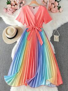 SHEIN LUNE SHEINLUNE 大码女式彩虹褶皱V领灯笼袖系腰连衣裙 毕业礼服 婚礼宾客礼服 女士度假装 女士沙滩装 节日连衣裙 生日礼服 女士骄傲日礼服 - 彩色 - 查看 1