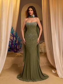 Glamrae Elegant Luxurious Sophisticated Strapless Sheer Mesh Bodice With Boning Exquisite Heavy Beaded Embellishment Asymmetric Mesh Ruffle Hem Bodycon Mermaid Tail With Train (Detachable Strapless Included) Suitable For Date Vacation Single Birthday Party Graduation Back To School Season Wedding Event Women's Afternoon Tea Women's Evening Gown - Army Green - View 6