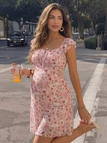SHEIN 孕婦夏季海灘度假風全身花卉印花甜心領結腰洋裝 - 彩色 - 查看 1