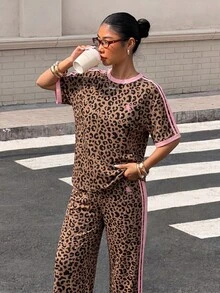 Muchica 2件組女款寬鬆條紋圓領落肩短袖T恤與鬆緊腰條紋長褲，冬季毛衣套裝，秋冬休閒穿搭，新年服飾，聖誕睡衣，棕色，長袖兩件套，女款舒適春季兩件套 - 彩色 - 查看 4