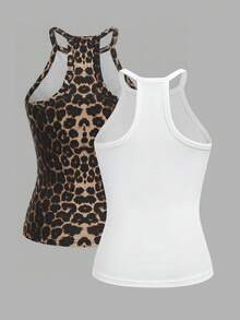Slaydiva New Spring/Summer Casual Versatile Pure White Ribbed Crew Neck Off-Shoulder Tank Top, 2-Piece Set (One Solid Color, One Leopard Print) Basic Tank Top - Multicolor - View 3