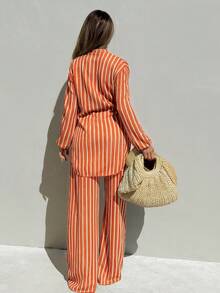 Swim SXY Women's Spring/Summer Burnt Orange Striped Jacquard Fabric Cover Up Shirt Collar Kimono Beach Vacation Pool Party Boho Tropical Breezy - Orange - View 2