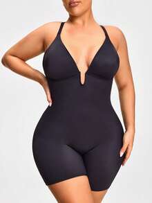 SHAPORA Body talla grande de un solo elemento con escote en V elástico y espalda cruzada, de unicolor para verano - Negro - Ver 4