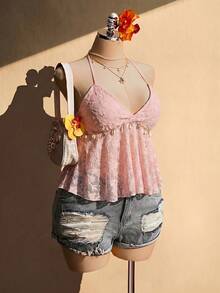 SHEIN ICON Plus Size Knit Halter Neck Shell Tassel Decor Babydoll Backless Tank Top - Pink - View 5