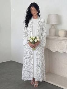 Yasmyna Elegant Printed Headscarf Long Sleeve Flared Women's Abaya - Black and White - View 5