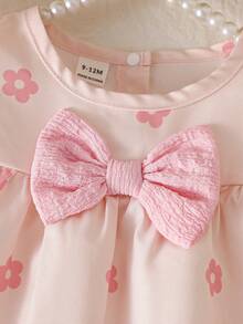 SHEIN Infant & Baby GirlFloral Print Dress With Bow Decoration, Cute Style Suitable For Daily Wear, Outings And Photo Shoots - Pink - View 8