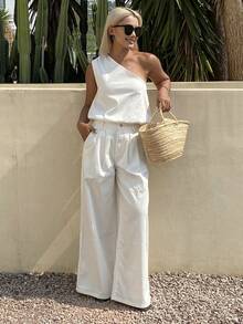 DAZY Women's Casual Solid Color Sleeveless Top And Jeans Pants Set, Spring/Summer - White - View 5
